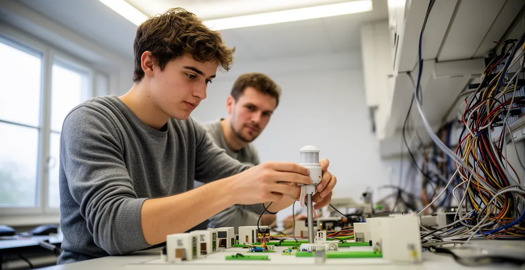 Stagiaire manipulant détecteur de mouvement sur maquette pédagogique en formation sûreté