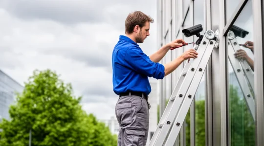 Technicien sûreté installant une caméra de vidéosurveillance sur façade bâtiment tertiaire