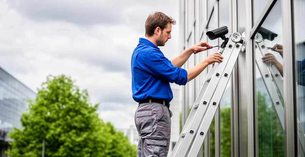 Technicien sûreté installant une caméra de vidéosurveillance sur façade bâtiment tertiaire
