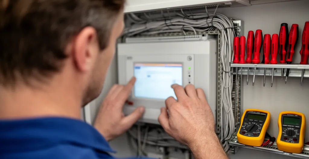 Technicien paramétrant une centrale alarme intrusion dans local technique