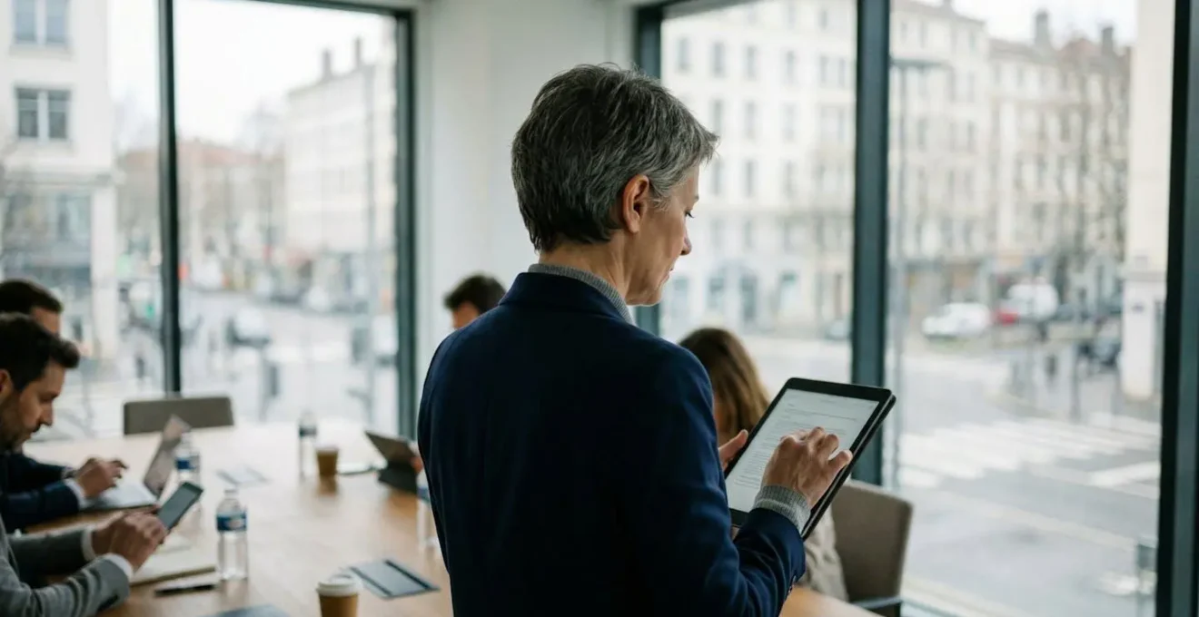 Un professionnel d'une cinquantaine d'années consulte une tablette lors d'une réunion dans un bureau contemporain baigné de lumière naturelle