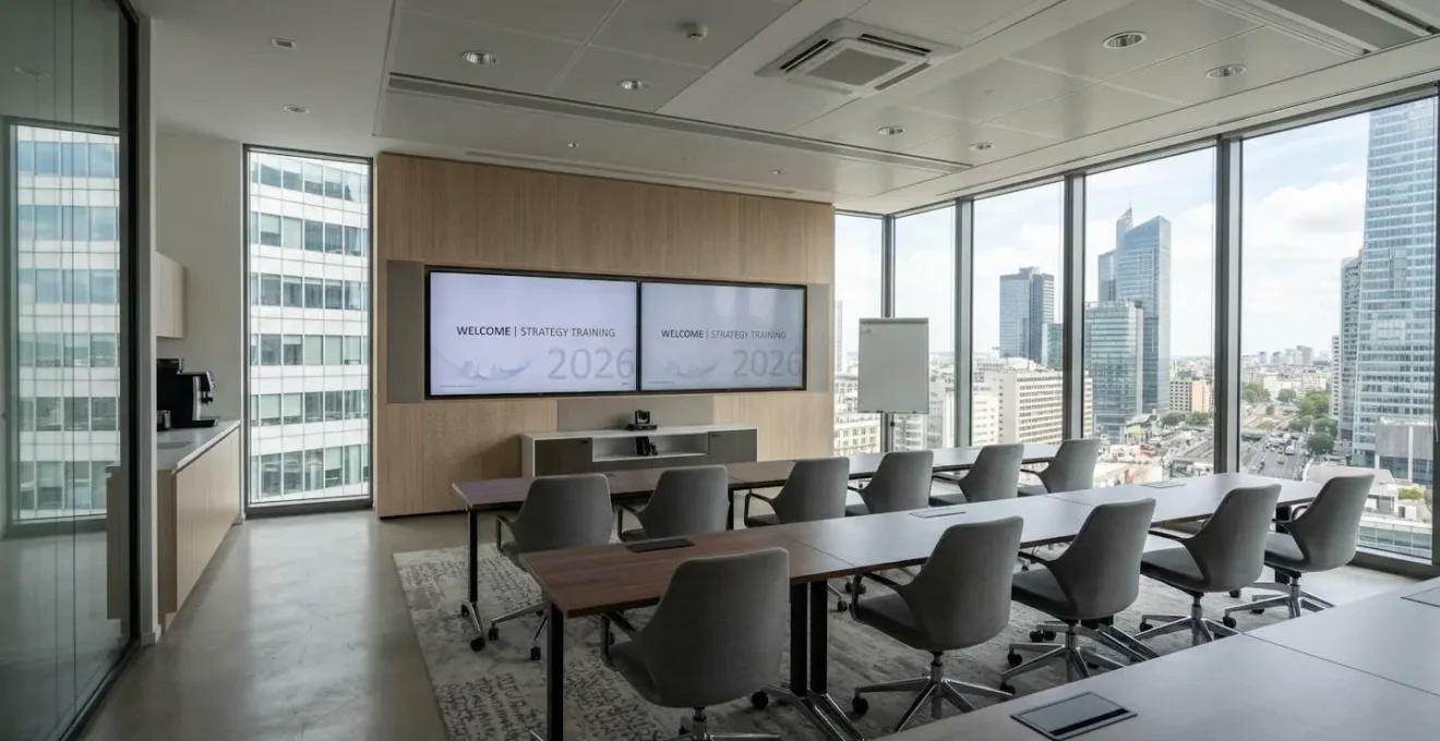 Salle de formation contemporaine vide avec grands écrans et mobilier moderne, architecture typique des centres d'affaires français