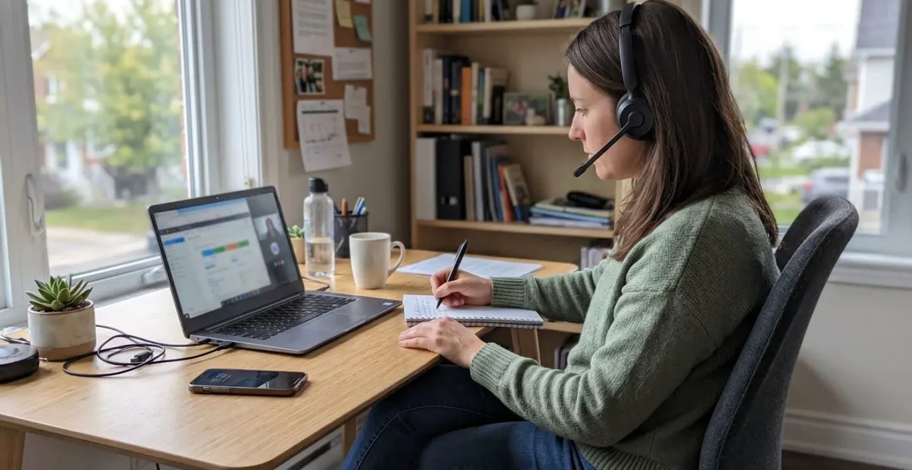 Une personne de dos portant un casque audio prend des notes sur un carnet lors d'un appel téléphonique dans un bureau à domicile lumineux