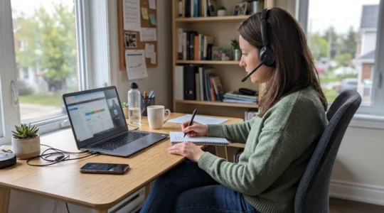 Une personne de dos portant un casque audio prend des notes sur un carnet lors d'un appel téléphonique dans un bureau à domicile lumineux
