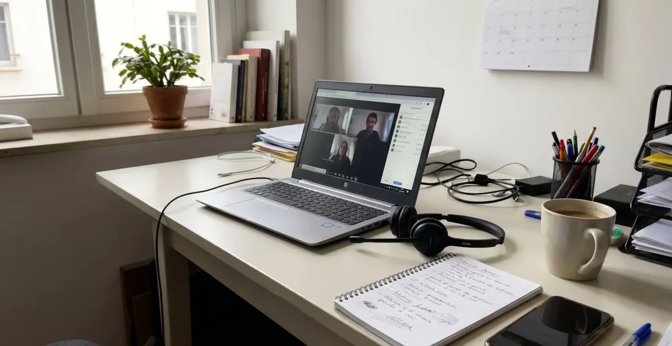 Bureau à domicile moderne avec ordinateur portable affichant une interface de visioconférence, casque audio posé à côté, carnet de notes et tasse de café